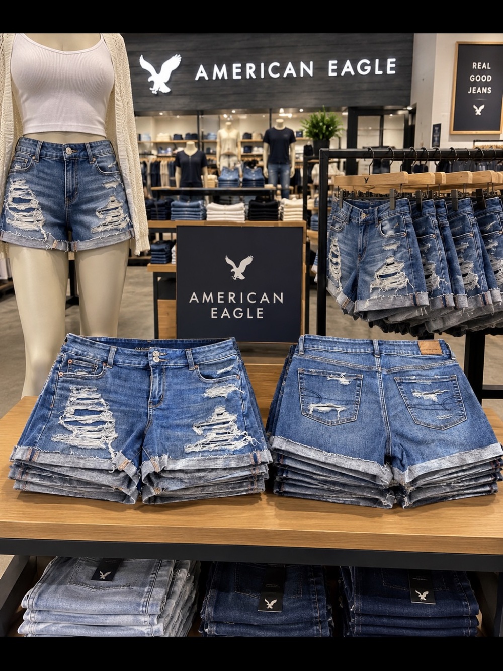 American Eagle Distressed Fold Hem Denim Shorts - Blue